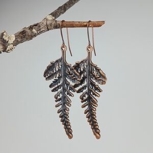 HAND CRAFTED Copper Fern Leaf Nature Boho Botanical Statement Dangle Earrings